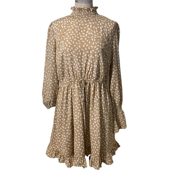 Mainstrip Dresses & Skirts - Mainstrip High Neck Ruffled Long Sleeve Beige White Polka Dot Dress Size Large